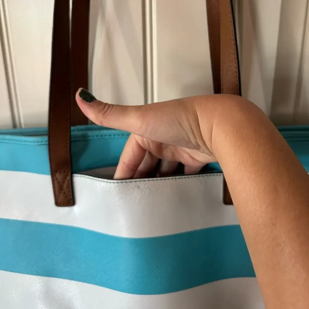 MICHAEL KORS 🩵 Blue & White Striped Shoulder Canvas Tote, Gold Logo